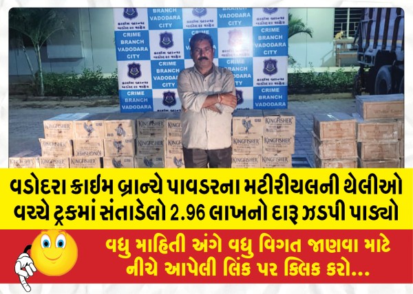 MailVadodara.com - Vadodara-Crime-Branch-seized-liquor-worth-Rs-2-96-lakh-hidden-in-a-truck-between-bags-of-powder-material