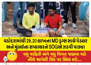 વડોદરામાંથી 29.20 લાખના MD ડ્રગ્સ સાથે પેડલર અને મુંબઇના સપ્લાયરને SOGએ ઝડપી પાડ્યા