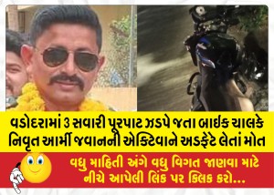 વડોદરામાં 3 સવારી પૂરપાટ ઝડપે જતા બાઇક ચાલકે નિવૃત આર્મી જવાનની એક્ટિવાને અડફેટે લેતાં મોત