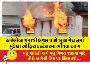 કારેલીબાગ રાત્રી બજાર પાસે ખુલ્લા મેદાનમાં મુકેલા ઓફિસ કન્ટેનરમાં ભીષણ આગ