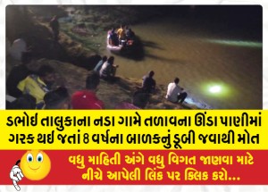 ડભોઇ તાલુકાના નડા ગામે તળાવના ઊંડા પાણીમાં ગરક થઇ જતાં 8 વર્ષના બાળકનું ડૂબી જવાથી મોત