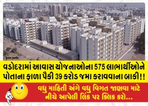 વડોદરામાં આવાસ યોજનાઓના 575 લાભાર્થીઓને પોતાના ફાળા પૈકી 39 કરોડ જમા કરાવવાના બાકી!!