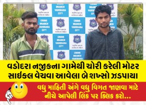 વડોદરા નજીકના ગામેથી ચોરી કરેલી મોટર સાઇકલ વેચવા આવેલા બે શખ્સો ઝડપાયા