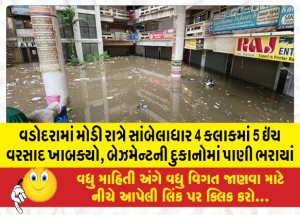 વડોદરામાં મોડી રાત્રે સાંબેલાધાર 4 કલાકમાં 5 ઇંચ વરસાદ ખાબક્યો, સયાજીગંજમાં કોમ્પ્લેક્સના બેઝમેન્ટની દુકાનોમાં 3 ફૂટ પાણી ભરાયાં