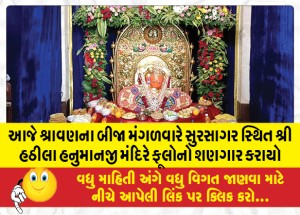 આજે શ્રાવણના બીજા મંગળવારે સુરસાગર સ્થિત શ્રી હઠીલા હનુમાનજી મંદિરે ફૂલોનો શણગાર કરાયો