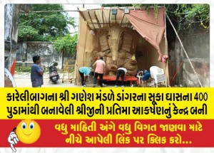 કારેલીબાગના શ્રી ગણેશ મંડળે ડાંગરના સૂકા ઘાસના 400 પુડામાંથી બનાવેલી શ્રીજીની પ્રતિમા આકર્ષણનું કેન્દ્ર બની