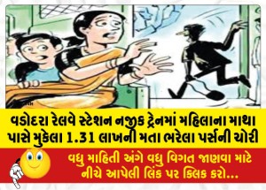 વડોદરા રેલવે સ્ટેશન નજીક ટ્રેનમાં મહિલાના માથા પાસે મુકેલા 1.31 લાખની મતા ભરેલા પર્સની ચોરી