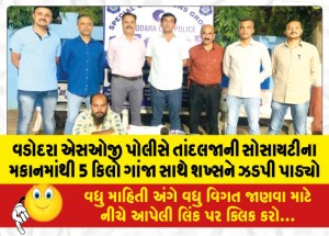 વડોદરા એસઓજી પોલીસે તાંદલજાની સોસાયટીના મકાનમાંથી 5 કિલો ગાંજા સાથે શખ્સને ઝડપી પાડ્યો