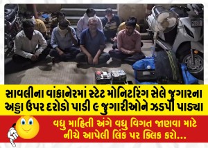 સાવલીના વાંકાનેરમાં સ્ટેટ મોનિટરિંગ સેલે જુગારના અડ્ડા ઉપર દરોડો પાડી ૯ જુગારીઓને ઝડપી પાડ્યા